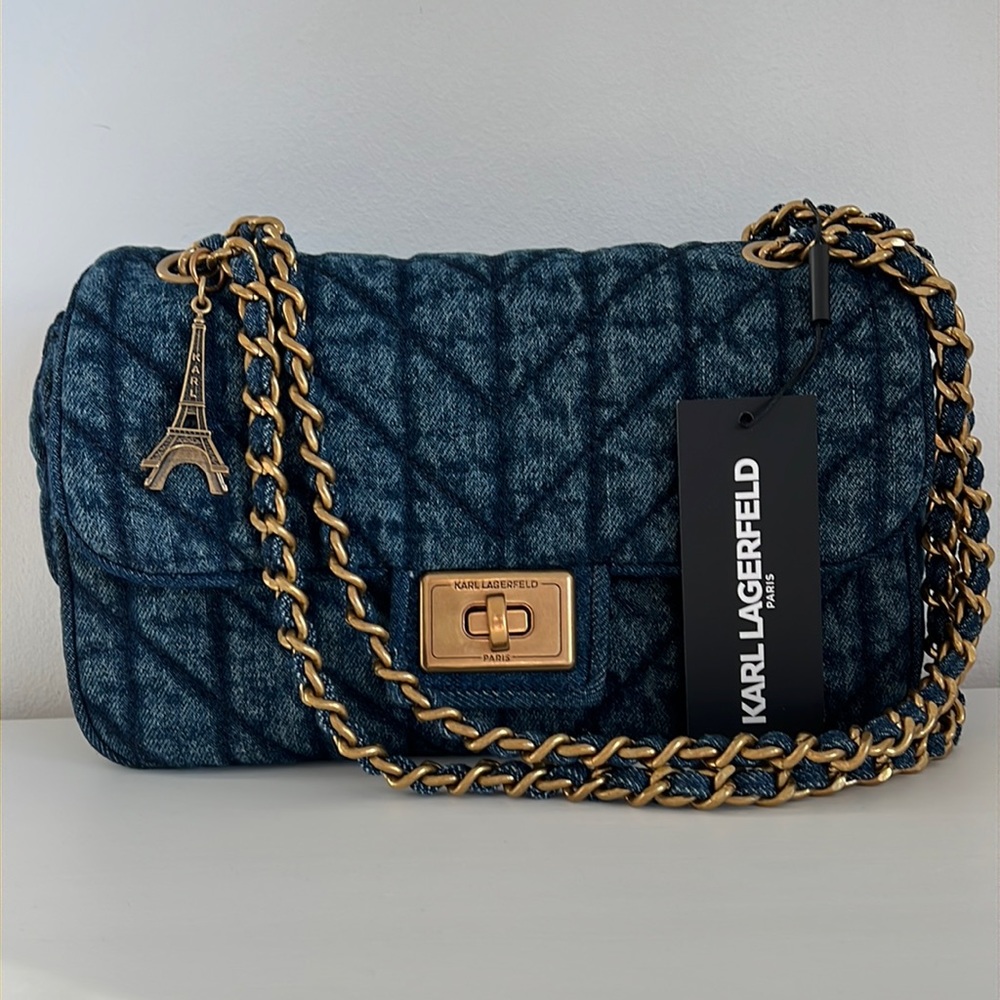 NWT KARL LAGERFELD Agyness Quilted Denim Shoulder Bag